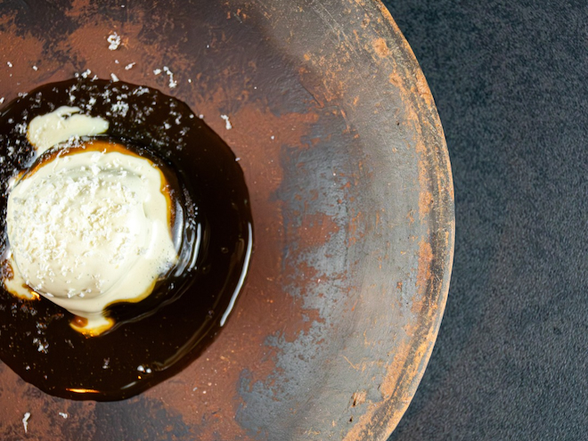 Sticky toffee pudding with blue cheese ice cream served at Restaurant 8 by Andrew Sheridan in Liverpool.