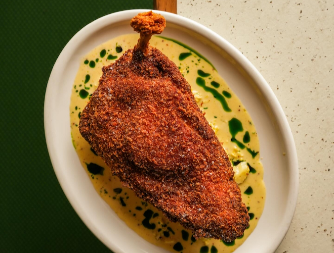 Chicken kiev with creamy savoy cabbage and mustard at Nord in Liverpool.