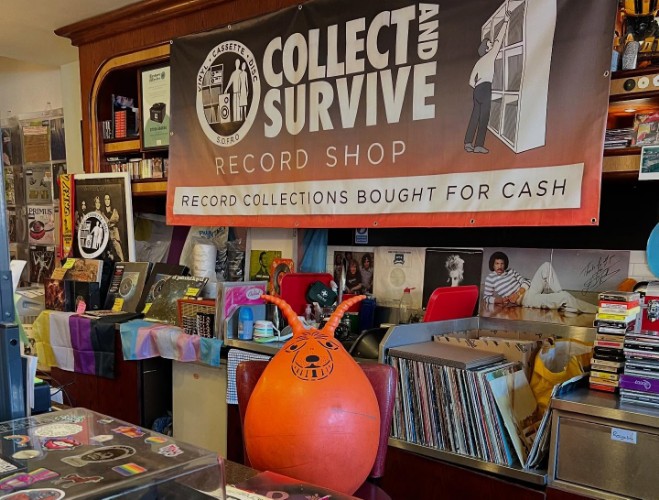 Records and a space hopper from Collect and Survive in Waterloo