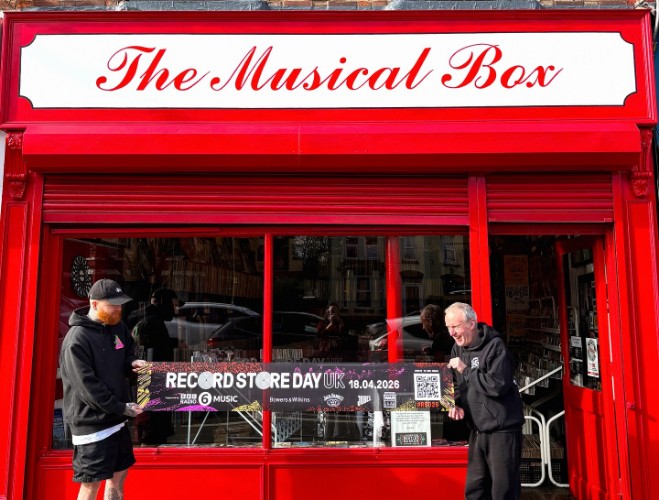 Newly-painted frontage of The Musical Box in bright red