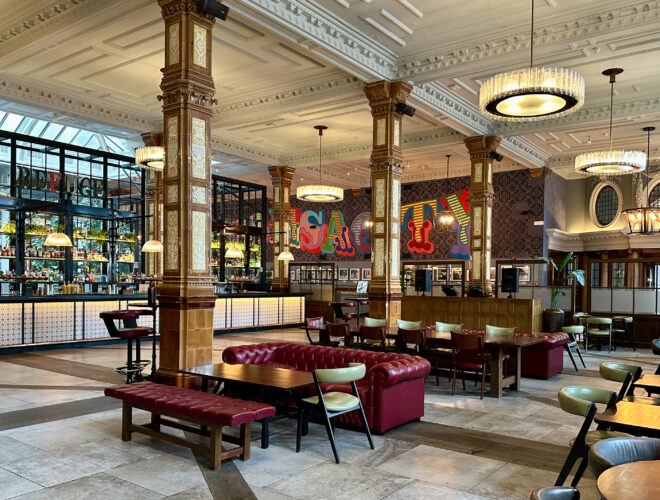 The interior of The Refuge - a bar and restaurant in the Kimpton Clocktower in Manchester.
