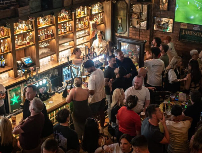 Looking down on the busy bar area of Brotherhood in Manchester