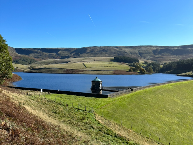 Kinder Reservoir with Kinder Scout in the distance.