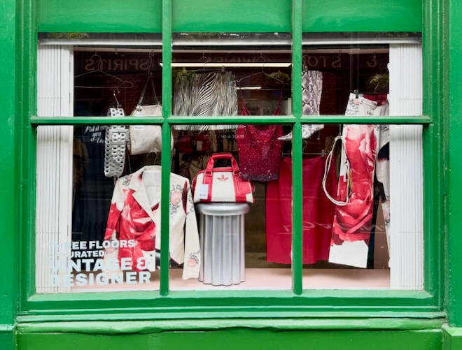 The front window of Marbu - a vintage shop in Manchester's Northern Quarter