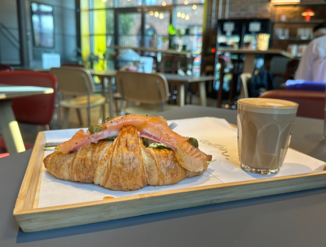 Smoked salmon-stuffed croissant and a flat white at Cotton in Neptune Mill, Manchester.