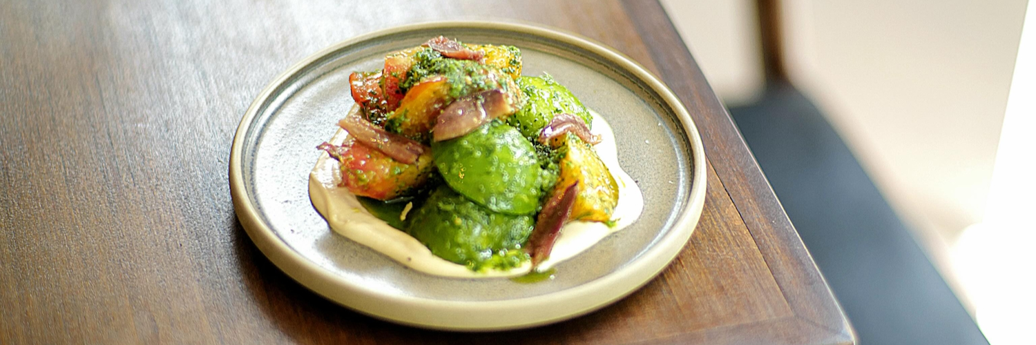Heritage tomatoes with tonnato and Catabrian anchovies at Pilgrim in Mossley Hill, Liverpool.