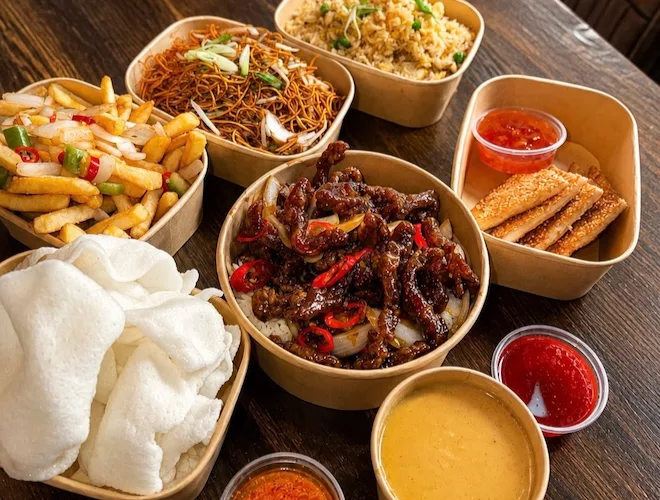 A selection of dishes in takeaway boxes at Blackstock Market in Liverpool.