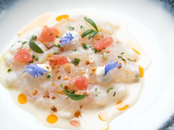 Carpaccio of cured Peterhead monkfish at The Art School in Liverpool.