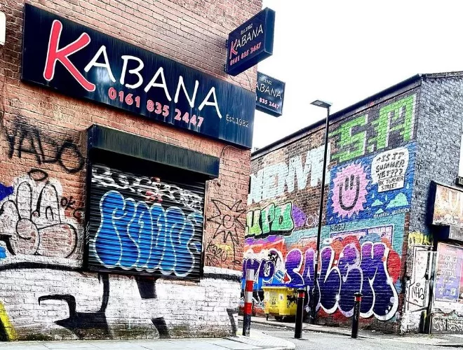 The exterior of Kabana with some colourful Northern Quarter graffiti