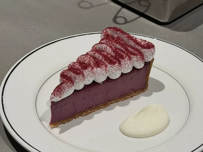 Blackcurrant curd meringue pie at Higher Ground in Manchester.