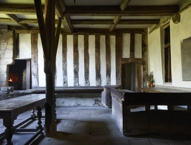 The interior of Haddon Hall with timber beams
