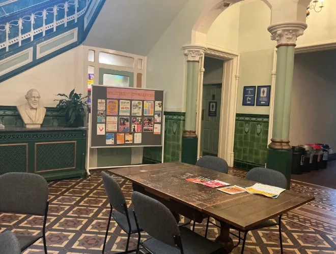 The downstairs atrium at Stretford Public Hall