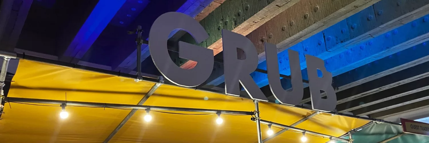 The GRUB sign and a string of light bulbs